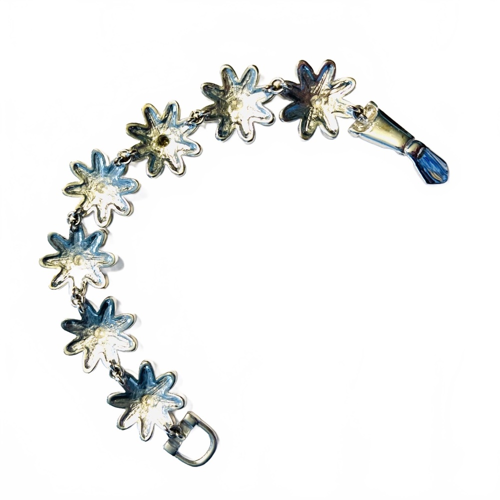 Floral Link Style Bracelet Black Silvertone - Picture 3 of 5